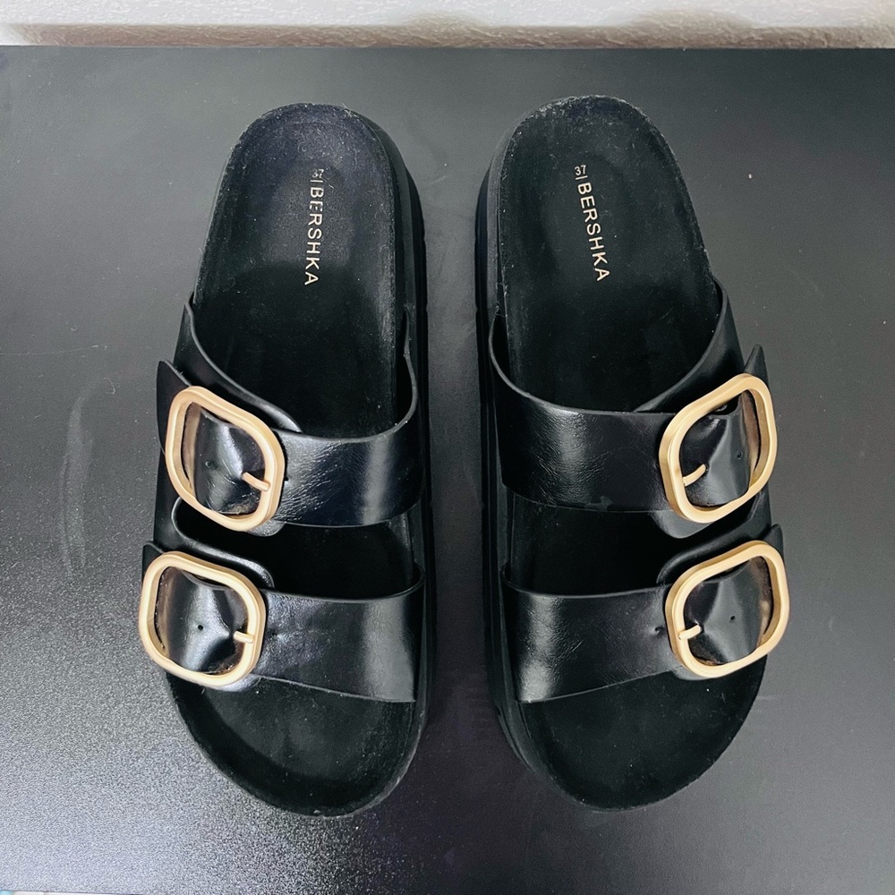 Bershka Black Mules with Gold Buckles,size US 7